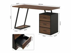 DripeX Escritorio con 3 cajones de almacenamiento - tablero de madera - MDF y Metal - Marrón + Negro - 138,5x58x75cm Marru00f3n
