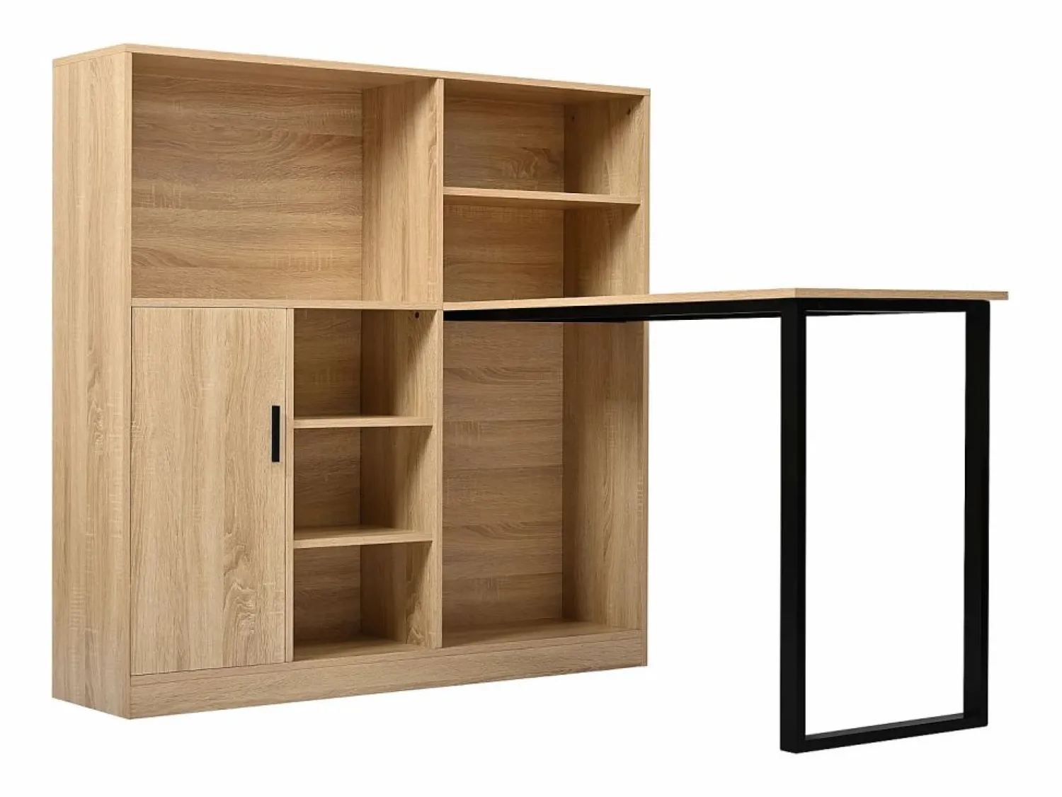 Hauss Spole Escritorio con 1 puerta y 6 nichos, estructura de MDF chapado en imitación madera natural clara y metal negro - 120x50x120cm