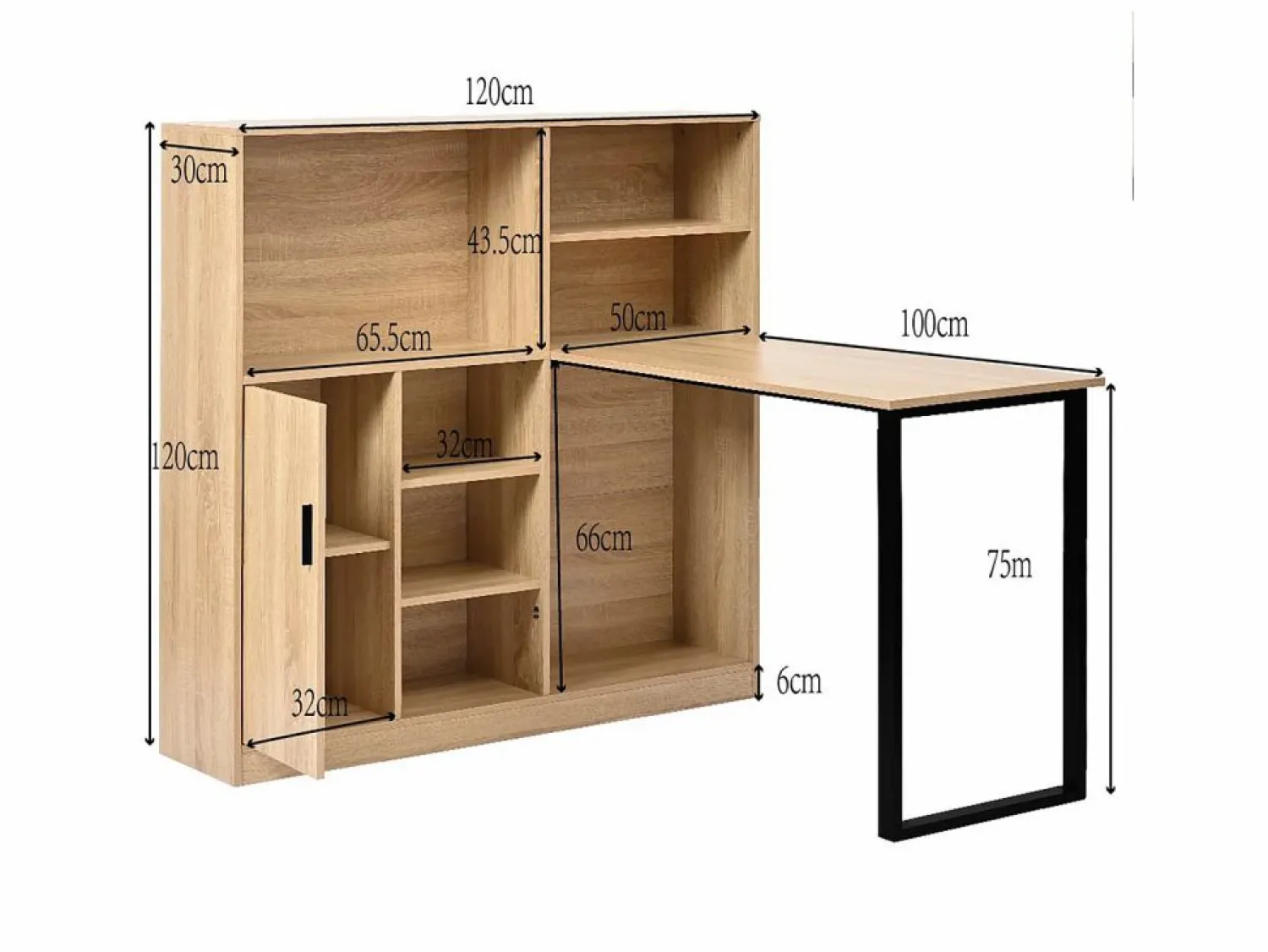 Hauss Spole Escritorio con 1 puerta y 6 nichos, estructura de MDF chapado en imitación madera natural clara y metal negro - 120x50x120cm
