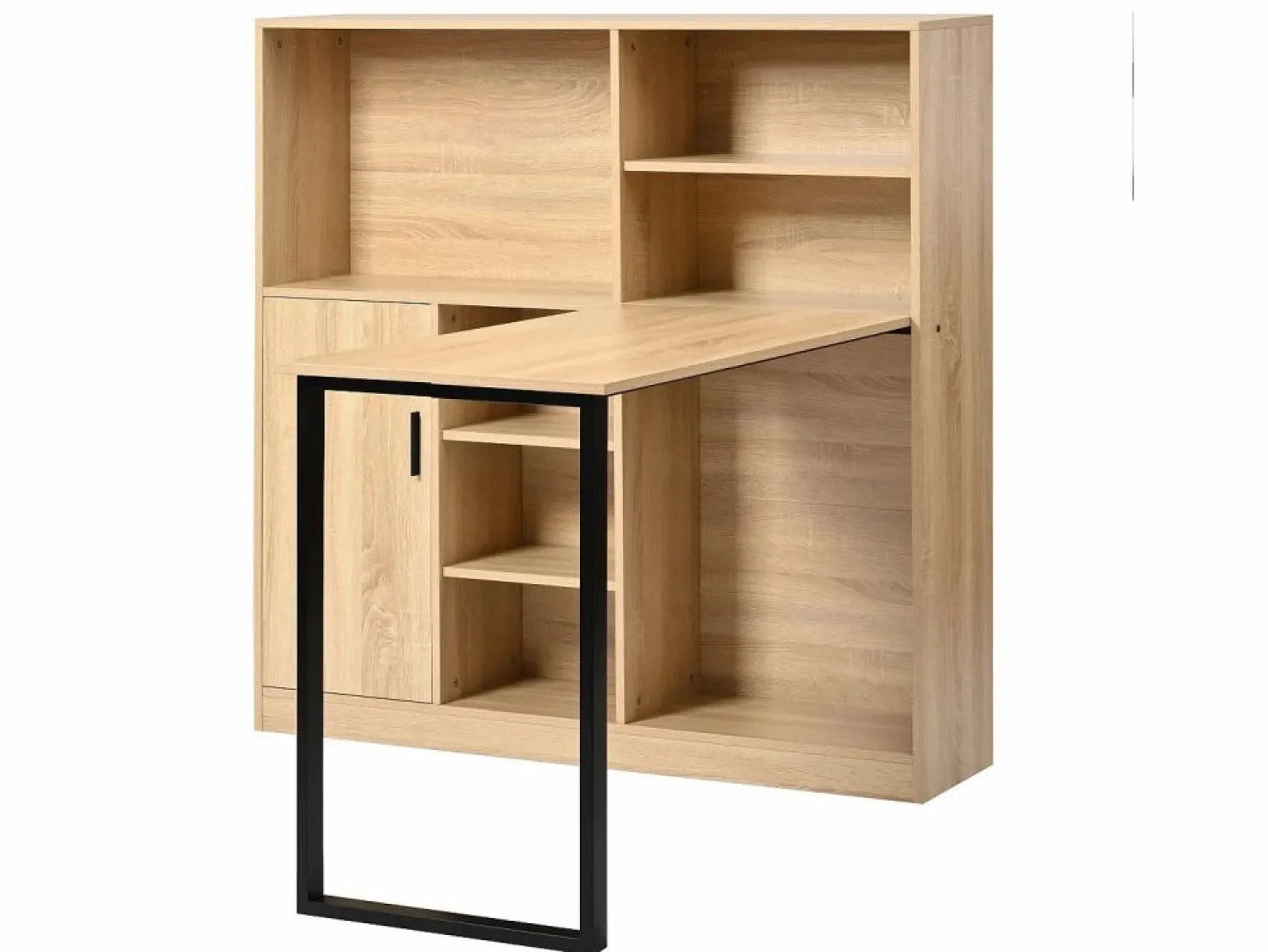 Hauss Spole Escritorio con 1 puerta y 6 nichos, estructura de MDF chapado en imitación madera natural clara y metal negro - 120x50x120cm