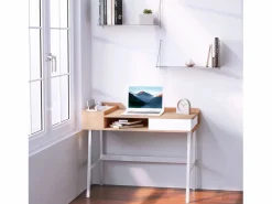 Escritorio con cajón y estantes, MDF y metal, estilo industrial, madera natural (100x55x81cm)