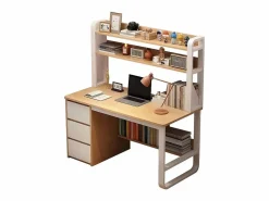 Outlet Escritorio con Múltiples estantes y Cajones-MDF en Color Natural- 120x50x144cm Blanco