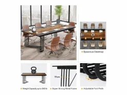 Tribesigns Escritorio de 200 cm para 2 personas con sólida estructura geométrica de metal - Mesa de reunión o seminario para 8 a 10 personas - Marrón rústico