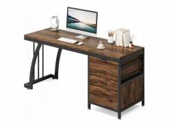 Online Escritorio de computadora con 3 cajones, 150 cm, con cajones reversibles, escritorio industrial con bandeja de almacenamiento para el hogar y la oficina, marrón rústico Mesa De Ordenador