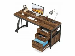Online Escritorio de computadora con 3 cajones, 150 cm, con cajones reversibles, escritorio industrial con bandeja de almacenamiento para el hogar y la oficina, marrón rústico Mesa De Ordenador