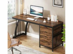 Online Escritorio de computadora con 3 cajones, 150 cm, con cajones reversibles, escritorio industrial con bandeja de almacenamiento para el hogar y la oficina, marrón rústico Mesa De Ordenador
