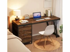 Online Escritorio de computadora con 3 cajones, 150 cm, con cajones reversibles, escritorio industrial con bandeja de almacenamiento para el hogar y la oficina, marrón rústico Mesa De Ordenador