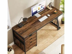 Online Escritorio de computadora con 3 cajones, 150 cm, con cajones reversibles, escritorio industrial con bandeja de almacenamiento para el hogar y la oficina, marrón rústico Mesa De Ordenador