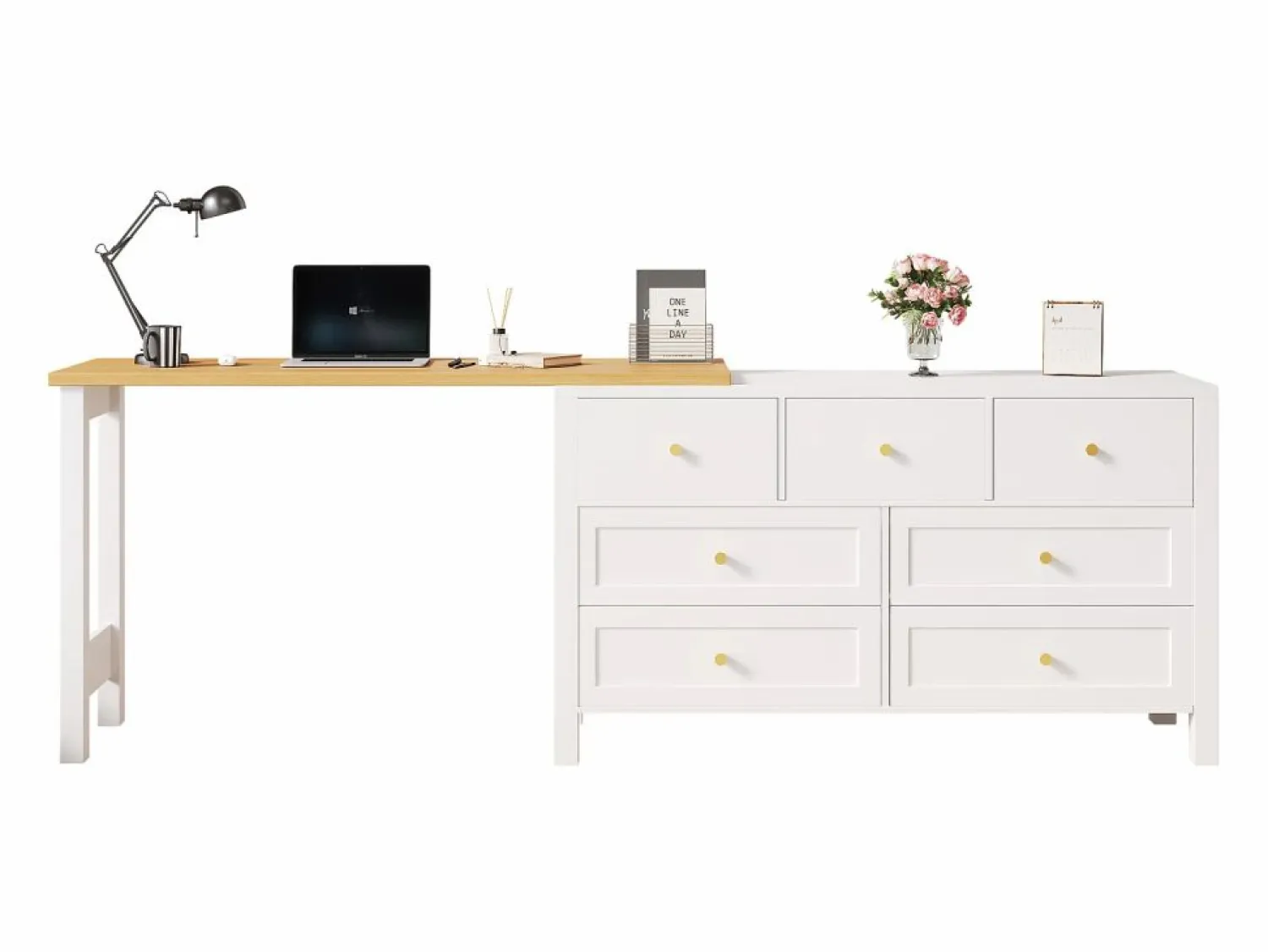 Best ModernLuxe Escritorio de esquina 120×40×70 cm - con 7 cajones - diseño 2 en 1 - tablero giratorio 360° - certificado FSC - + natural Blanco