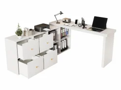 New Escritorio de esquina - Tablero giratorio a 360° - 4 compartimentos y 4 cajones - Tablero y patas reforzados - MDF - Escritorio Rinconero