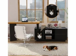 Hot Escritorio de esquina con caseta para mascotas integrada – 120x50 cm, MDF, flexible, diseño en L o lineal, y roble (120x50x72 cm) Negro