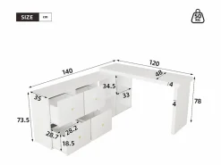 Merax Escritorio de esquina con tablero giratorio 360° - 140 x 120 x 78 cm - En forma de L o recto - con 4 compartimentos + 4 cajones - MDF -