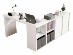 Merax Escritorio de esquina con tablero giratorio 360° - 140 x 120 x 78 cm - En forma de L o recto - con 4 compartimentos + 4 cajones - MDF -