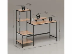 Escritorio de ordenador con estantes, soporte para monitor, cajón y soporte para impresora, MDF, marrón (150x48x125 cm)