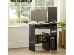 Sale Escritorio de ordenador con estantes abiertos y espacio de almacenamiento, mesa de trabajo, para oficina o dormitorio, madera contrachapada, (80x45x75 cm) Negro