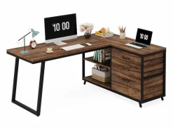 Online Escritorio de ordenador en forma de L con 3 cajones, de color marrón rústico Mesa De Ordenador