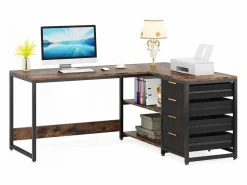 New Escritorio en forma de L con estantes, reversible, en forma de L, con soporte para pantalla y estantes (Marrón negro) Mesa De Ordenador