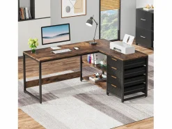 New Escritorio en forma de L con estantes, reversible, en forma de L, con soporte para pantalla y estantes (Marrón negro) Mesa De Ordenador