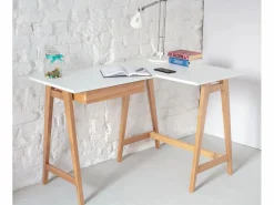 New Escritorio esquinero con cajón 115x85cm Luka Marrón | Patas de fresno | Lado derecho Beige