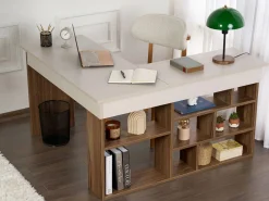 Escritorio esquinero con almacenamiento color beige y natural oscuro - LILEUL Escritorio Rinconero|Escritorio Tradicional