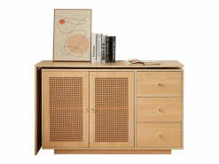 Escritorio esquinero en forma de L, mesa de ordenador con puertas de ratán, diseño moderno, blanco, 126 cm (126 x 40 x 75 cm)