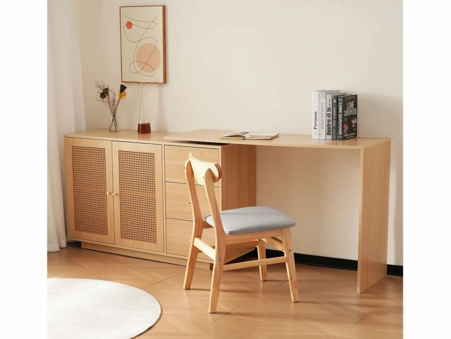 Escritorio esquinero en forma de L, mesa de ordenador con puertas de ratán, diseño moderno, blanco, 126 cm (126 x 40 x 75 cm)