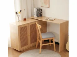 Escritorio esquinero en forma de L, mesa de ordenador con puertas de ratán, diseño moderno, blanco, 126 cm (126 x 40 x 75 cm)