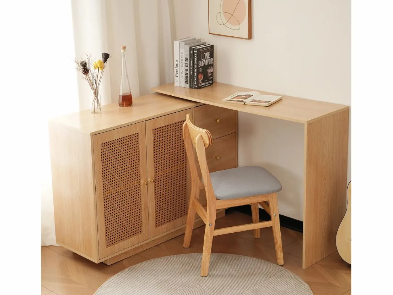 Escritorio esquinero en forma de L, mesa de ordenador con puertas de ratán, diseño moderno, blanco, 126 cm (126 x 40 x 75 cm)