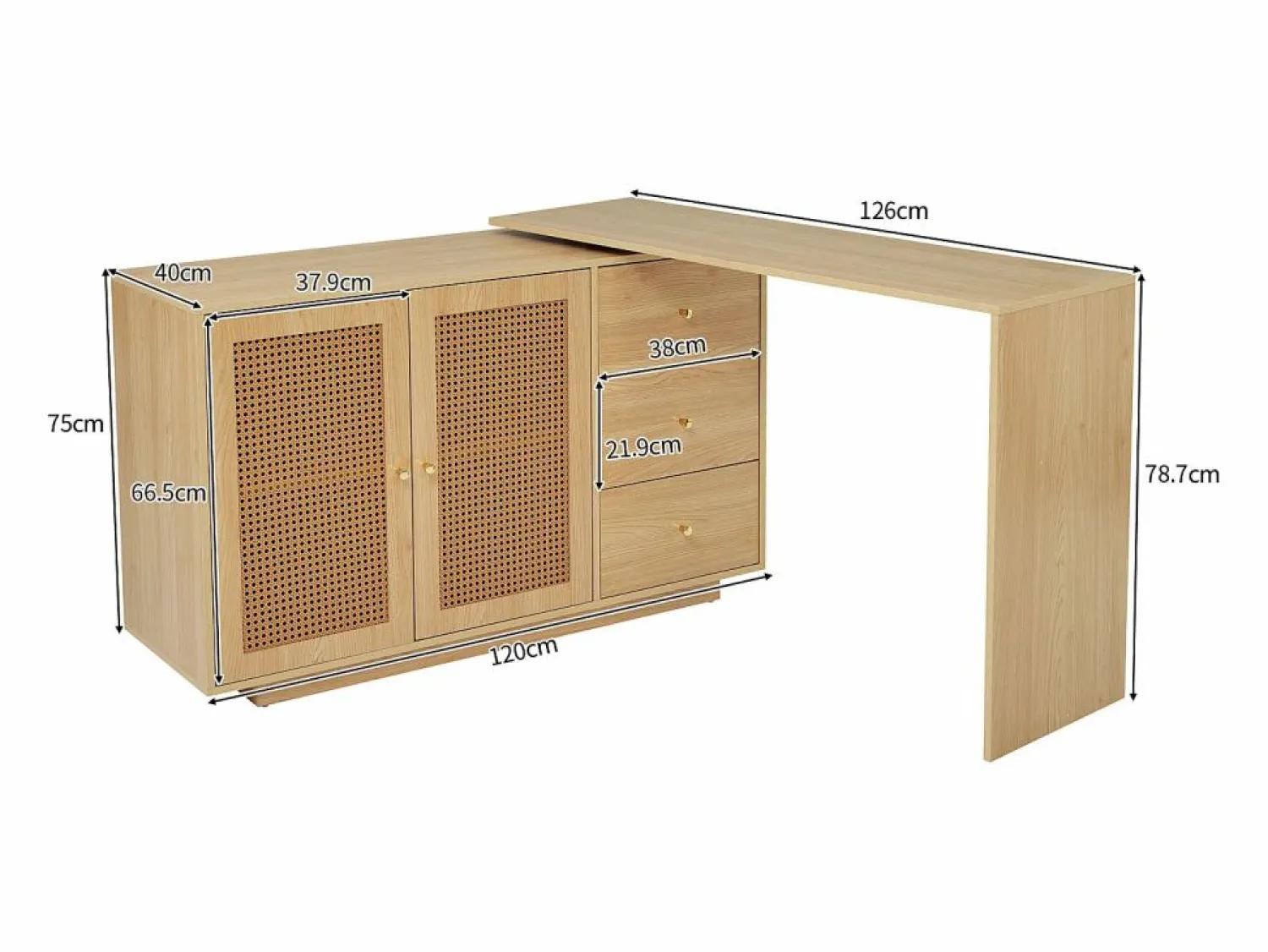 Escritorio esquinero en forma de L, mesa de ordenador con puertas de ratán, diseño moderno, blanco, 126 cm (126 x 40 x 75 cm)