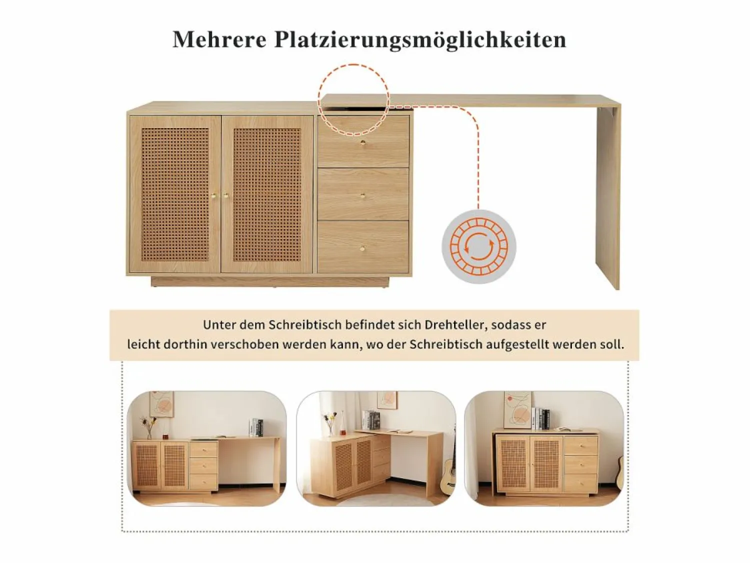 Escritorio esquinero en forma de L, mesa de ordenador con puertas de ratán, diseño moderno, blanco, 126 cm (126 x 40 x 75 cm)