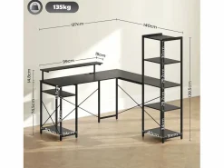 Escritorio esquinero en forma de L con 6 estantes, soporte para monitor, USB y toma de corriente, metal (137x140x139,5cm)