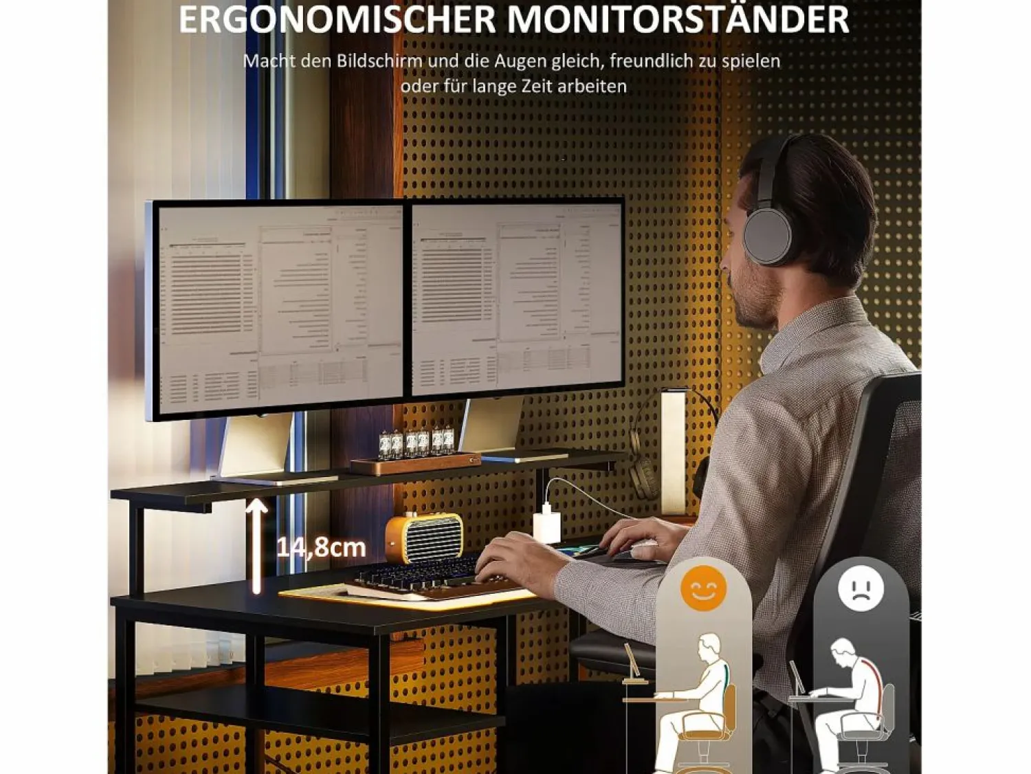 Escritorio esquinero en forma de L con 6 estantes, soporte para monitor, USB y toma de corriente, metal (137x140x139,5cm)