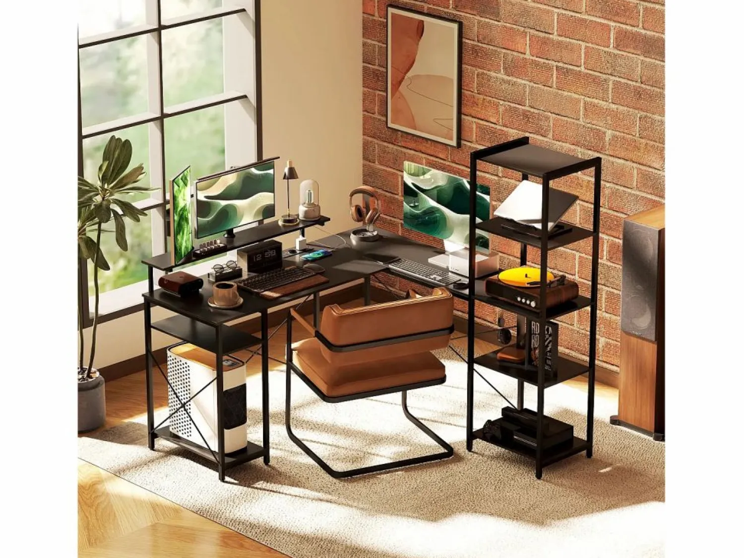 Escritorio esquinero en forma de L con 6 estantes, soporte para monitor, USB y toma de corriente, metal (137x140x139,5cm)