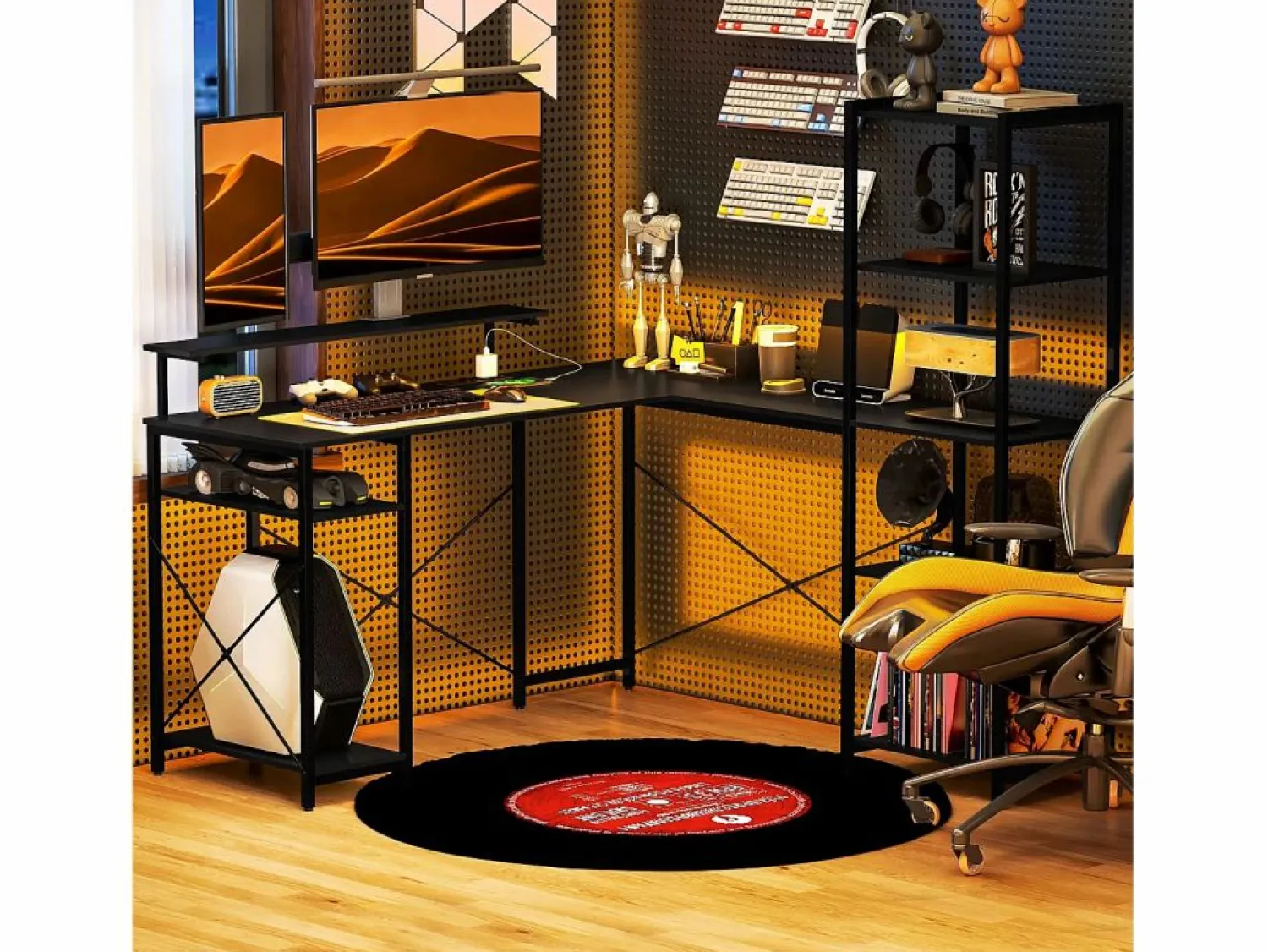 Escritorio esquinero en forma de L con 6 estantes, soporte para monitor, USB y toma de corriente, metal (137x140x139,5cm)