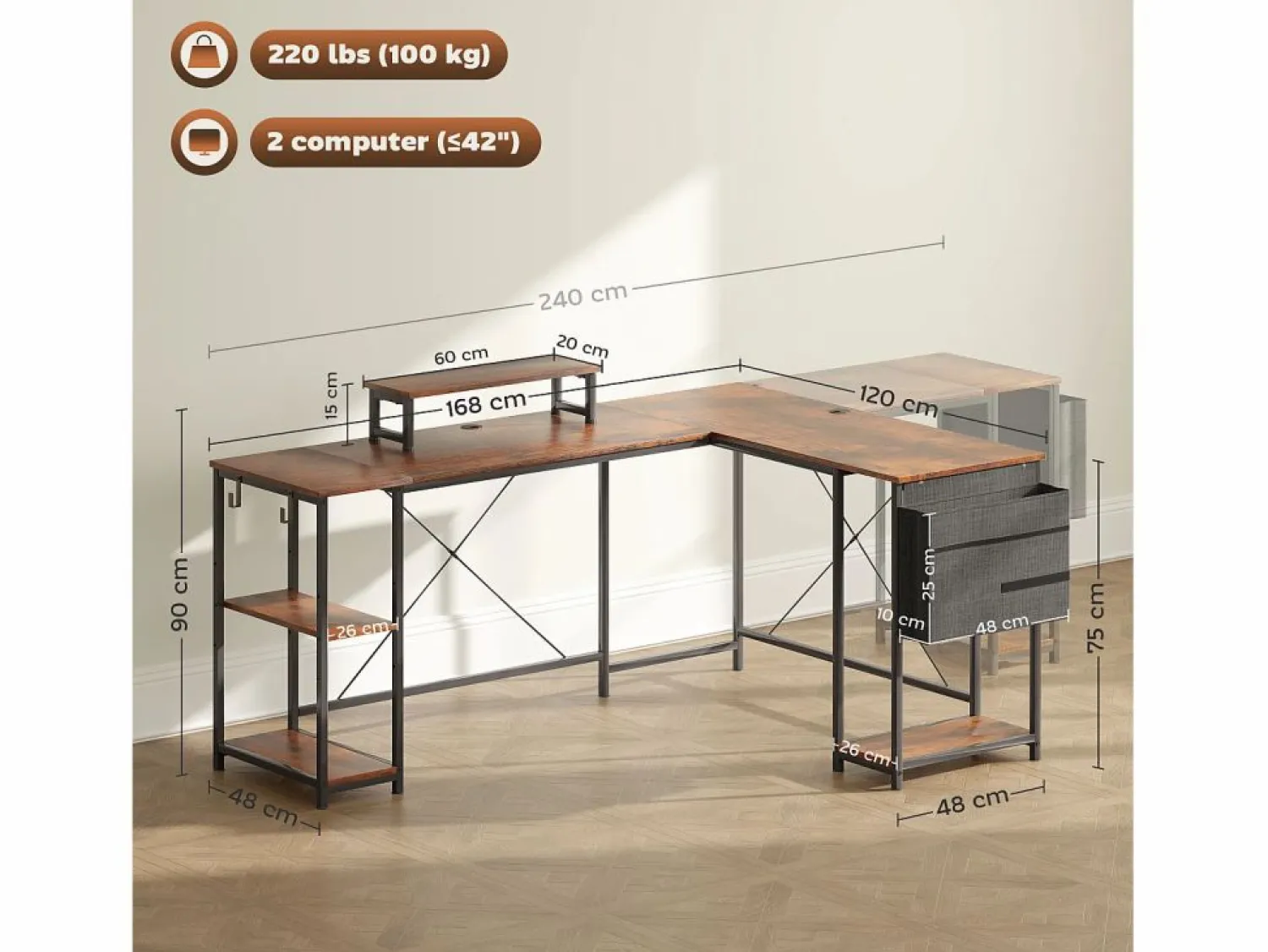 Online Escritorio esquinero en forma de L con almacenaje modular, madera, marrón rústico (168x120x90cm) Marru00f3n