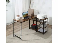 Escritorio esquinero en forma de L, con estantes y cajón, metal, madera, marrón (135x90x79 cm) Negro