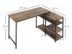 Escritorio esquinero en forma de L, con estantes y cajón, metal, madera, marrón (135x90x79 cm) Negro