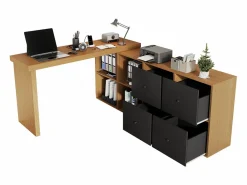 Hot Escritorio esquinero giratorio de 360°: escritorio con 4 cajones y 4 compartimentos, MDF, y roble (120 x 48 x 78 cm) + (140 x 35 x 74 cm) Escritorio Secreter