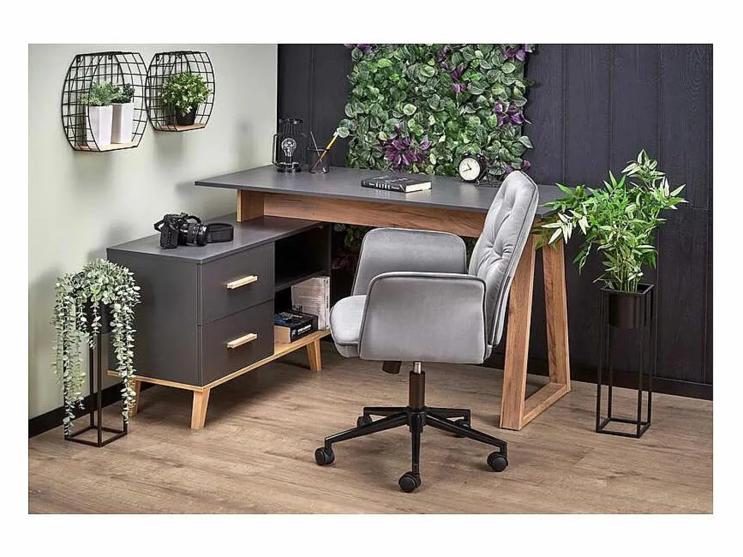 Outlet Escritorio esquinero Vitim XL 2 cajones antracita y madera Escritorio Rinconero