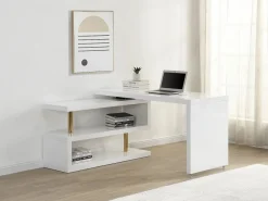 Hot Vente-unique Escritorio extensible con plataforma giratoria 360° en MDF lacado y dorado - NICEPHORE II Blanco