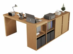Best Escritorio giratorio 360° 260×48×78 cm - con 4 compartimentos - 4 cajones - MDF - natural + negro Escritorio Rinconero