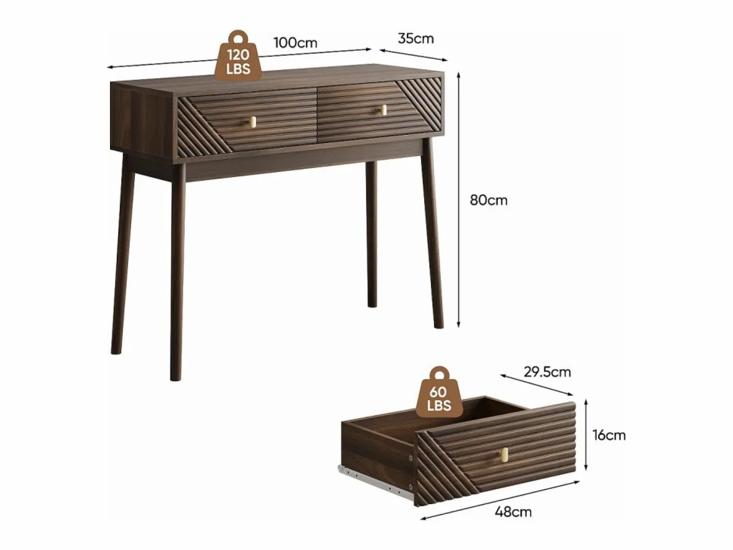 Escritorio Mid-Century, 2 cajones, MDF, nogal (100x35x80 cm)