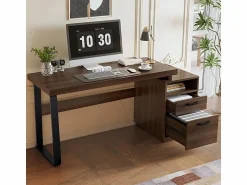 Best Escritorio moderno para computadora en MDF+Metal - con almacenamiento abierto y 2 cajones - Marrón - 161x54x76,3cm Mesa De Ordenador