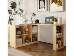 Discount Escritorio multifuncional, con estantes y armarios, forma variable, tablero grueso, MDF, color natural (140x104x75 cm) Marru00f3n