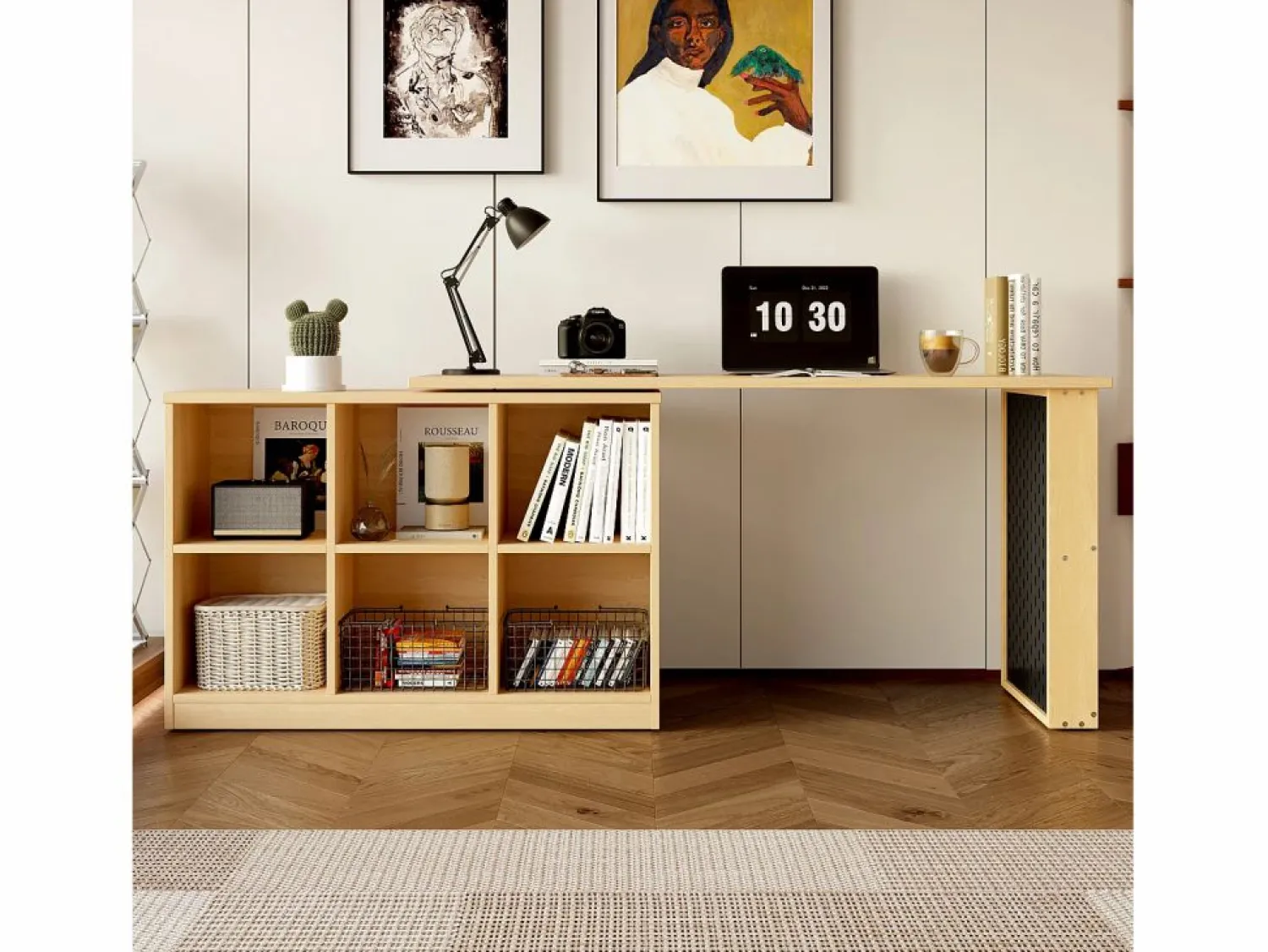 Discount Escritorio multifuncional, con estantes y armarios, forma variable, tablero grueso, MDF, color natural (140x104x75 cm) Marru00f3n