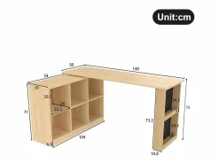 Discount Escritorio multifuncional, con estantes y armarios, forma variable, tablero grueso, MDF, color natural (140x104x75 cm) Marru00f3n