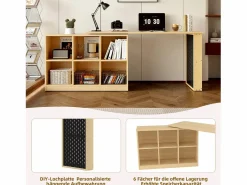 Discount Escritorio multifuncional, con estantes y armarios, forma variable, tablero grueso, MDF, color natural (140x104x75 cm) Marru00f3n