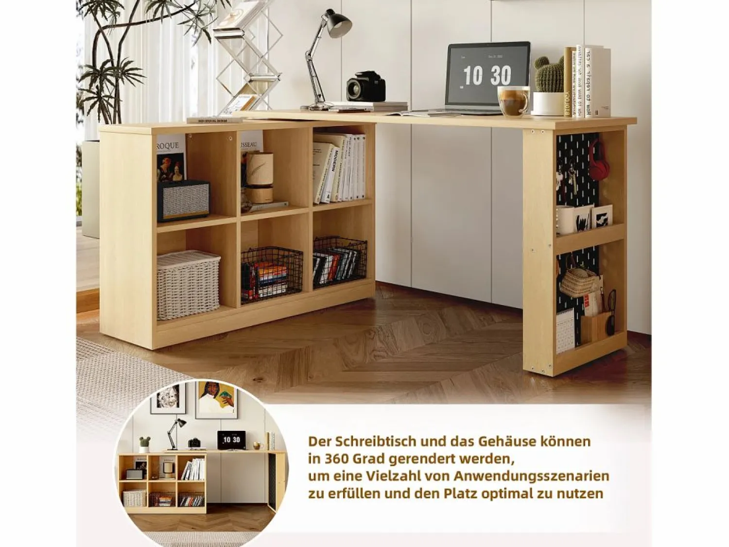 Discount Escritorio multifuncional, con estantes y armarios, forma variable, tablero grueso, MDF, color natural (140x104x75 cm) Marru00f3n