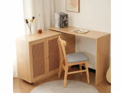 Best DripeX Escritorio para computadora extensible - con 3 cajones y 2 puertas de ratán - función giratoria - MDF - 126x40x75cm Color natural claro
