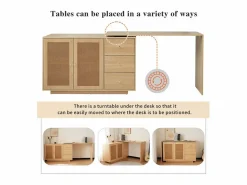 Best DripeX Escritorio para computadora extensible - con 3 cajones y 2 puertas de ratán - función giratoria - MDF - 126x40x75cm Color natural claro